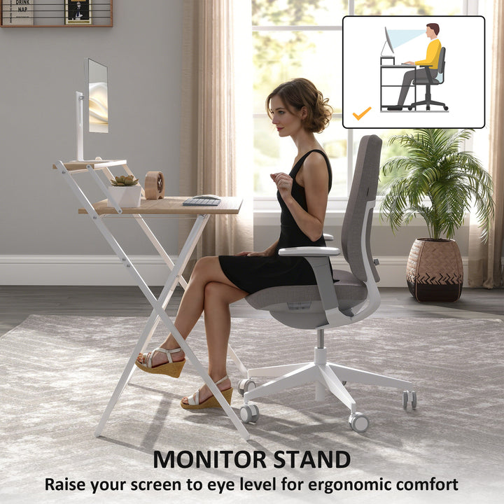 81.5 cm Folding Computer Desk with Monitor Shelf - Natural Wood Finish