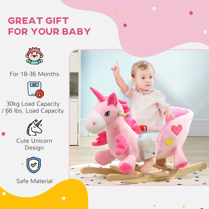 Kids Rocking Horse Ride on Unicorn with Songs, Wooden Base, Seatbelt, for Ages 18-36 Months, Pink