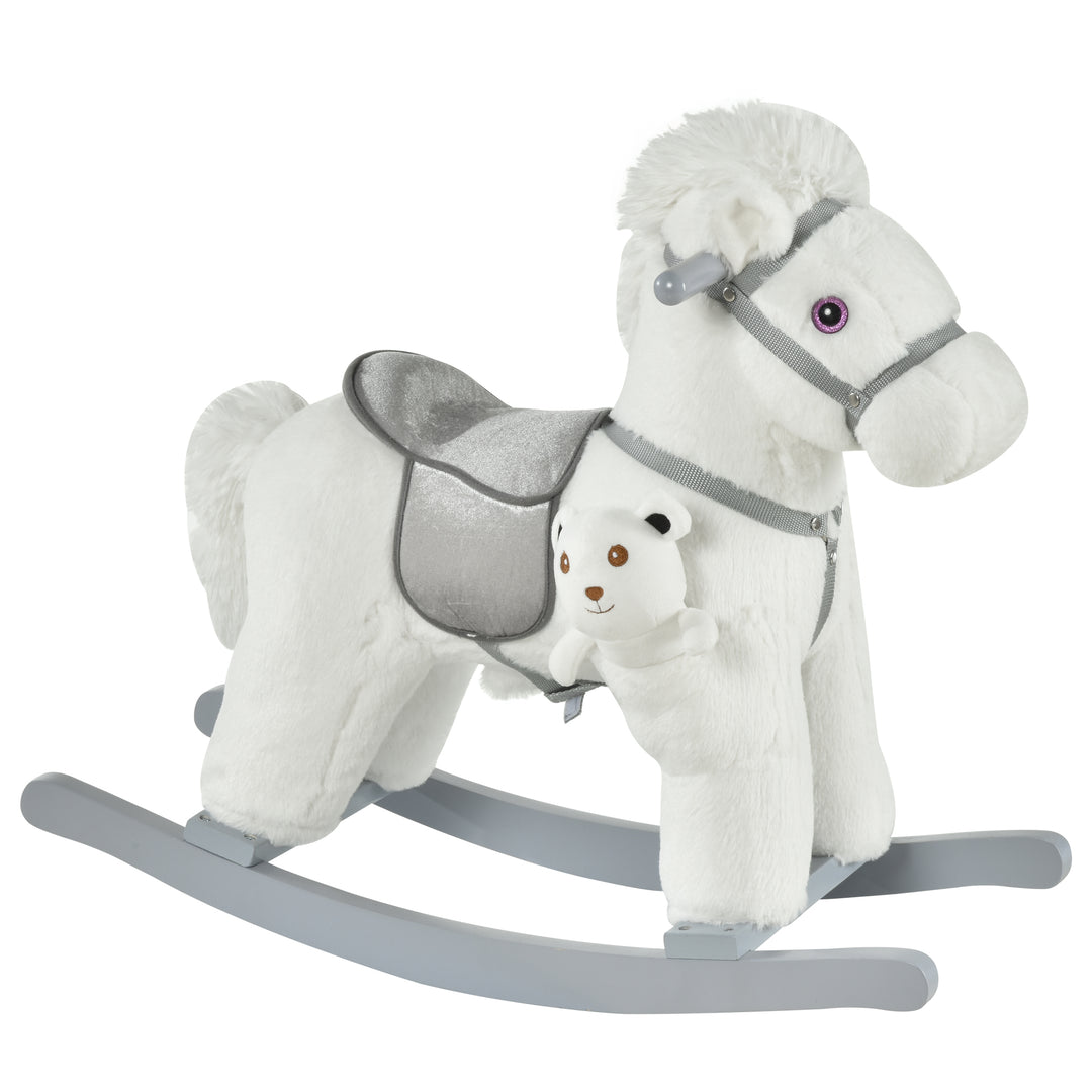 MCL Kids Plush Ride-On Rocking Horse Toy Rocker with Plush Toy Realistic Sounds for Child 18-36 Months White
