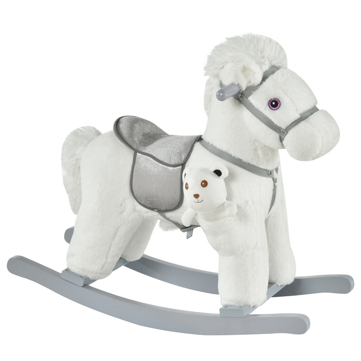 MCL Kids Plush Ride-On Rocking Horse Toy Rocker with Plush Toy Realistic Sounds for Child 18-36 Months White