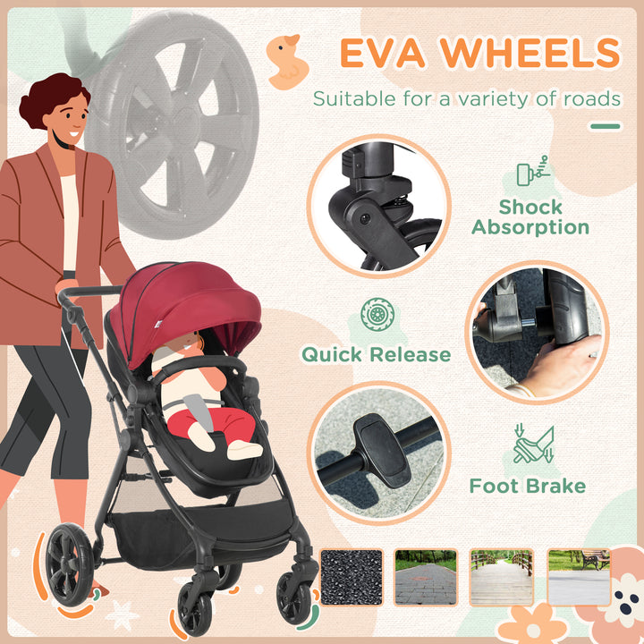 Foldable Baby Stoller, with Reclining Backrest, Adjustable Canopy, for Ages 0-36 Months - Red