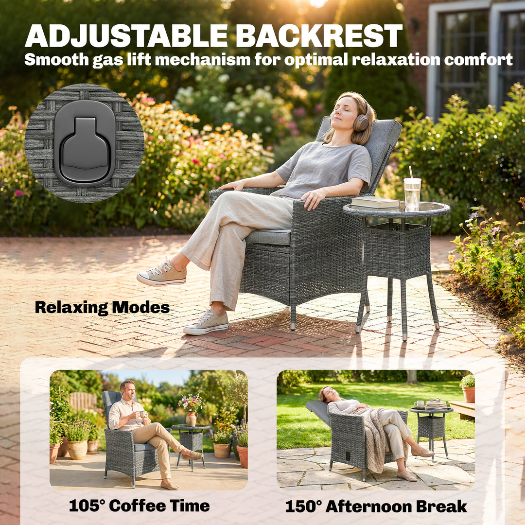 Rattan Bistro Set, Reclining Garden Chairs and Glass Coffee Table with