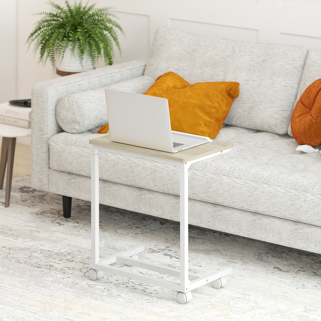 C-Shaped Sofa Side Table, Height Adjustable Overbed Table with Tilting Desktop, Mobile Laptop Desk for Living Room Bedroom, Oak and White