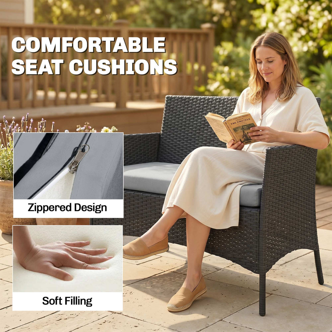 4 Piece Rattan Garden Furniture Sofa Set with Loveseat, Armchairs, Gla