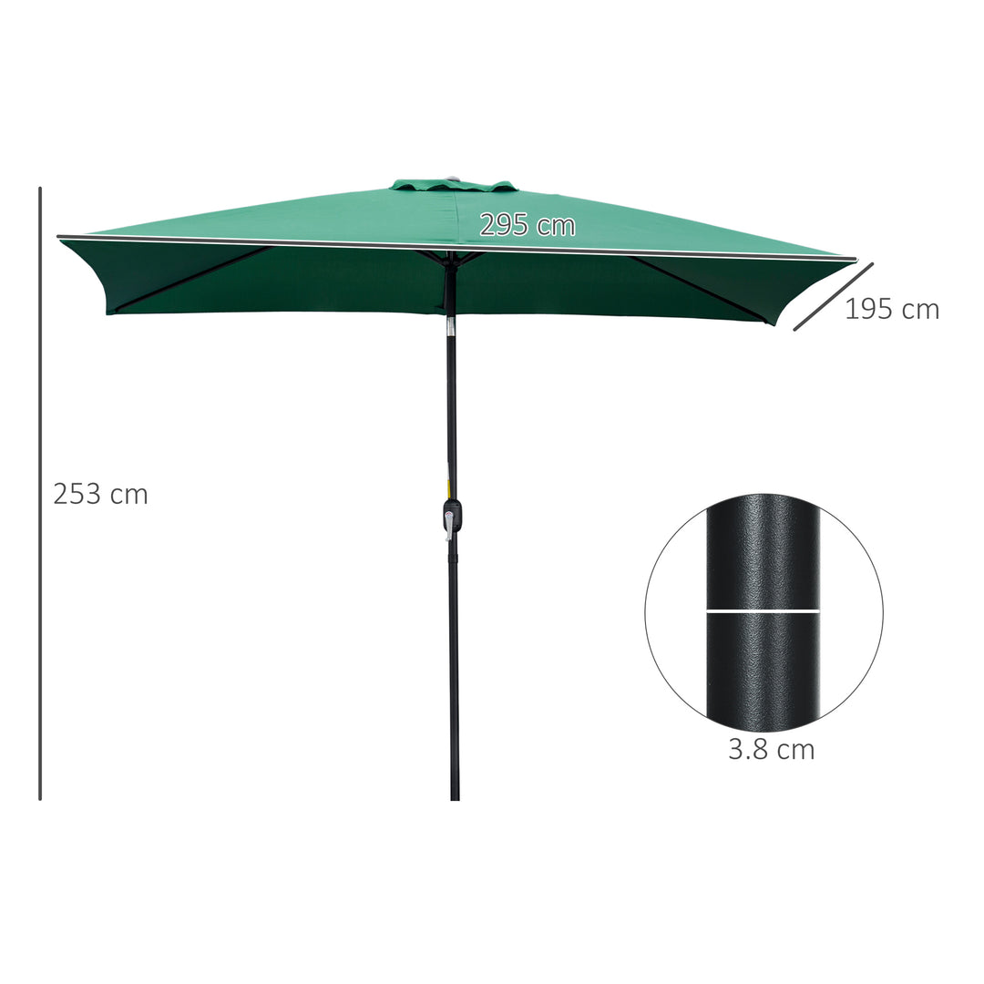 3x2m Patio Parasol Garden Umbrellas Canopy with Aluminium Tilt Crank Rectangular Sun Shade Steel, Green