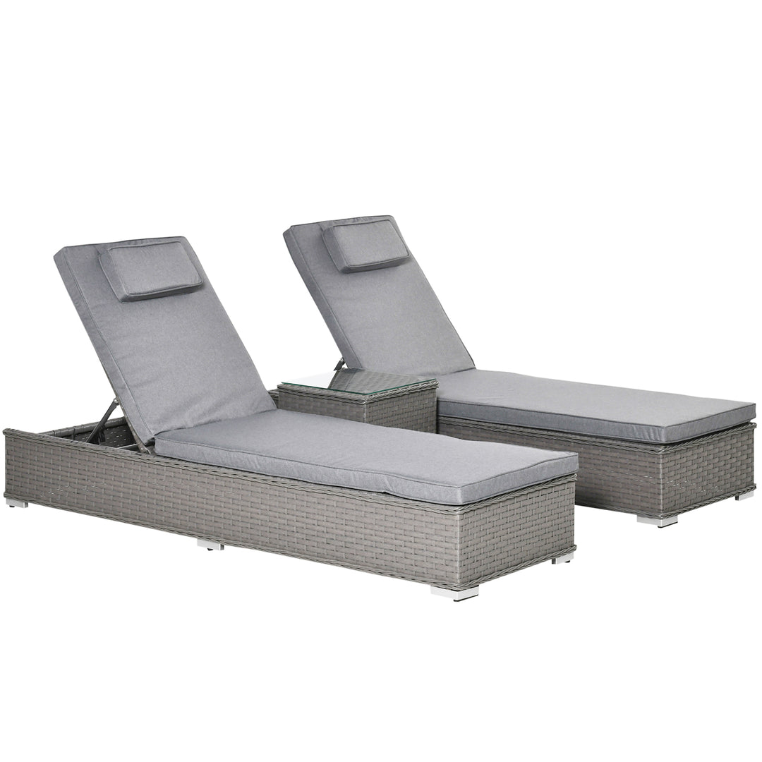 3 Pieces Rattan Sun Lounger Set with Aluminium Frame, 5-Position Adjustable Reclining Garden Chairs and Glass Top Table, Wicker Garden Furniture Daybed with Cushions for Patio, Grey