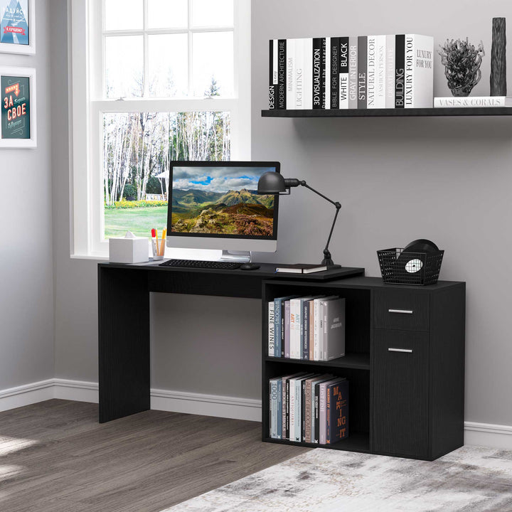 L-Shaped Desk, Corner Computer Desk, Adjustable Study Table with Storage Shelf, Drawer and Cabinet, Workstation for Home Office, Black Wood Grain