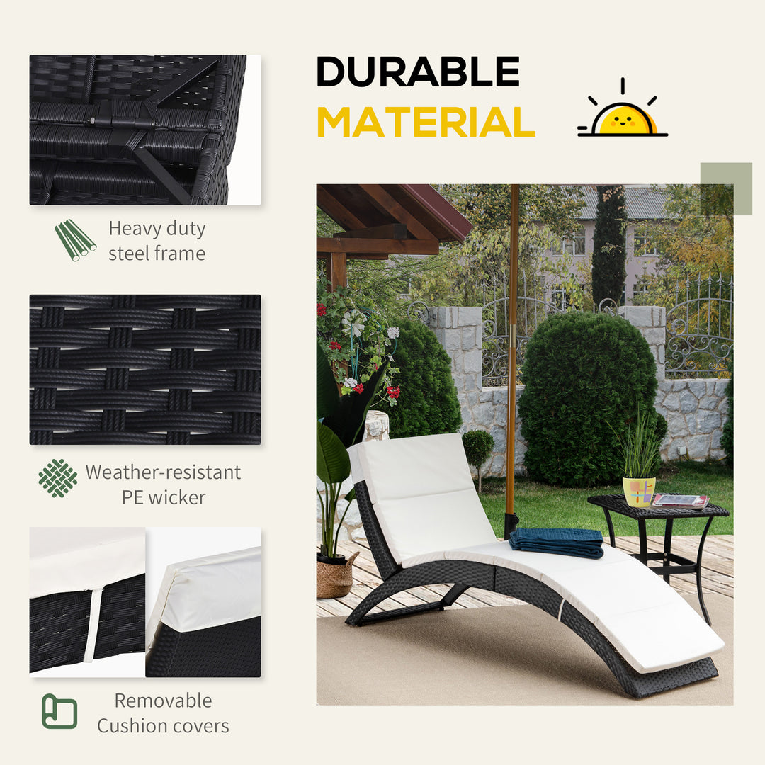 Outdoor Foldable PE Rattan Sun Lounger with Soft Padded Cushion, Ergonomic Curved Design Sun Bed for Balcony, Garden, Black
