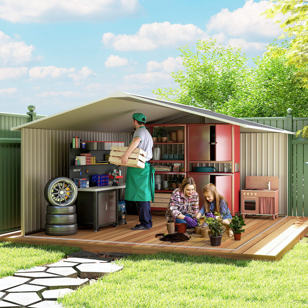 13 x 11ft Metal Garden Shed, Outdoor Storage Tool House with Ventilation Slots, Foundation Kit and Lockable Double Doors, Grey