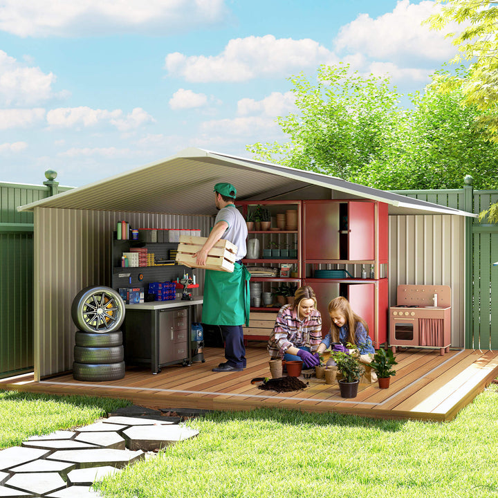 13 x 11ft Metal Garden Shed, Outdoor Storage Tool House with Ventilation Slots, Foundation Kit and Lockable Double Doors, Grey