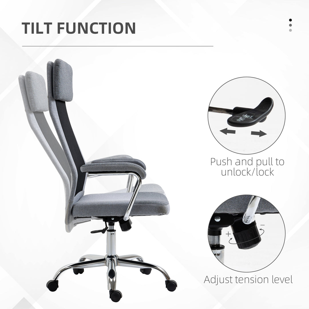 Office Chair, Ergonomic Desk Chair, High Back Computer Chair with Adjustable Height, Swivel Rolling Wheels, Mesh Back and Linen-Feel Fabric Seat for Home and Study, Grey