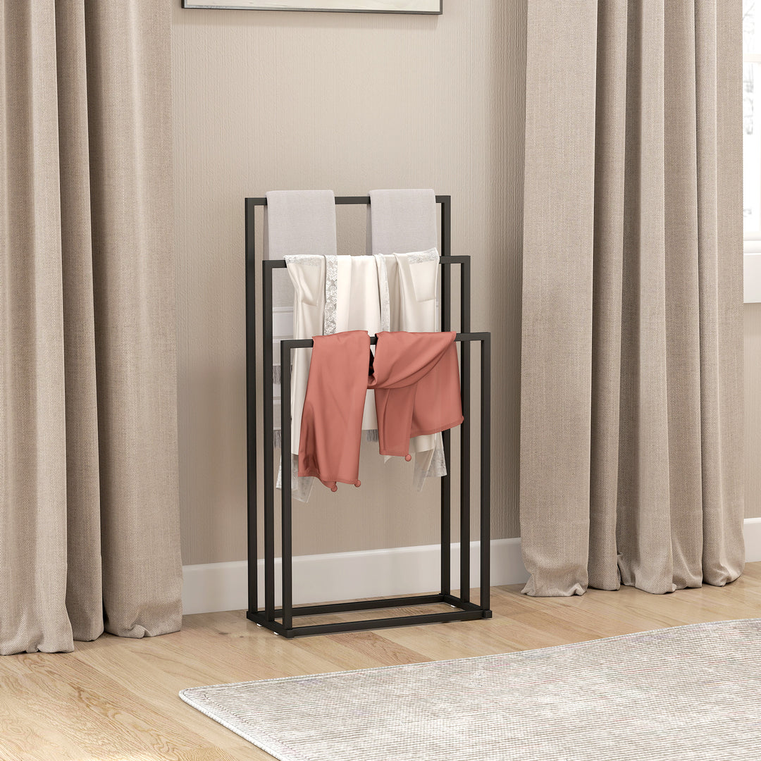 Freestanding Towel Rack, Steel Towel Rail Holder with 3 Bars, Black