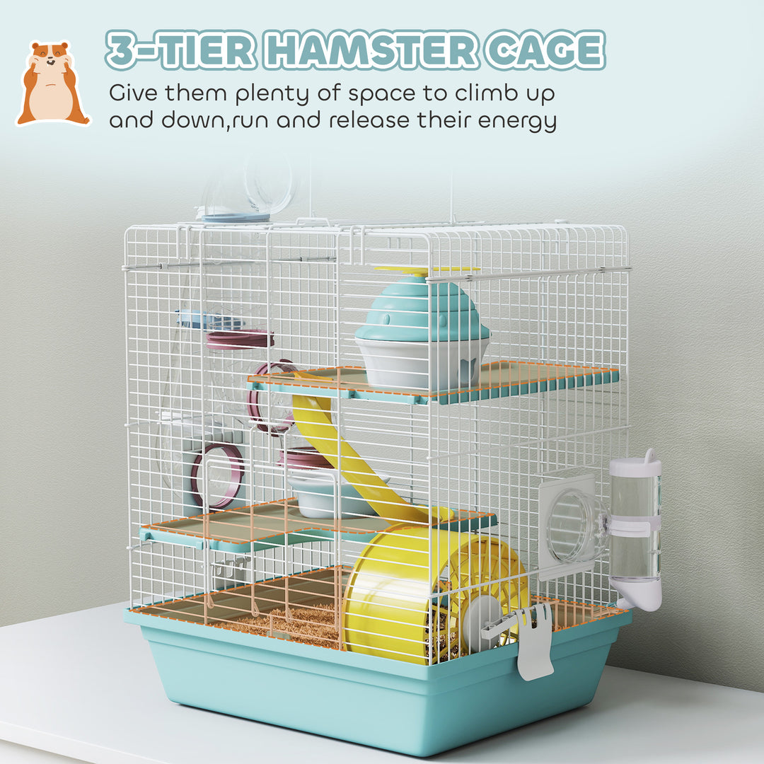 3-Level Hamster Cage with Exercise Wheel, Water Bottle, Food Bowl, for