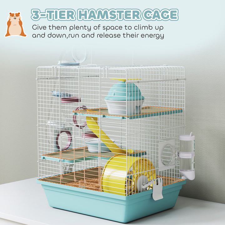 3-Level Hamster Cage with Exercise Wheel, Water Bottle, Food Bowl, for