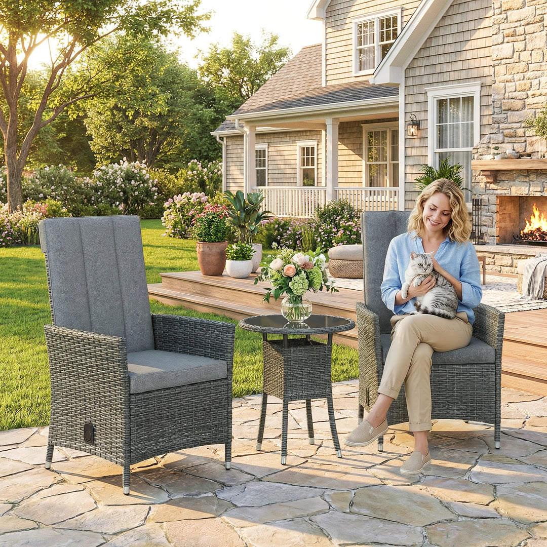 Rattan Bistro Set, Reclining Garden Chairs and Glass Coffee Table with