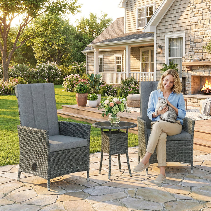 Rattan Bistro Set, Reclining Garden Chairs and Glass Coffee Table with