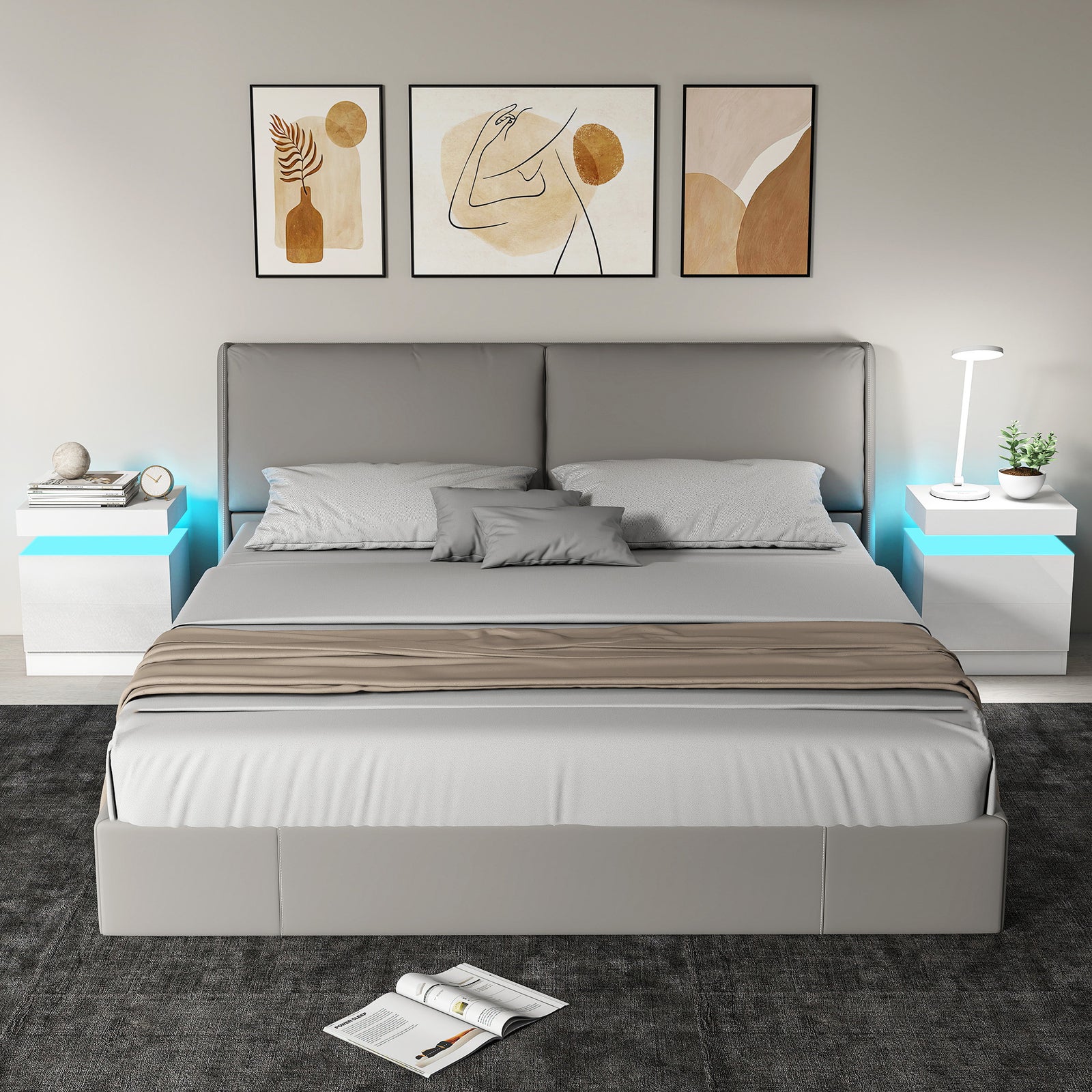 White Bedside Table with LED Light, High Gloss Front Nightstand with 2