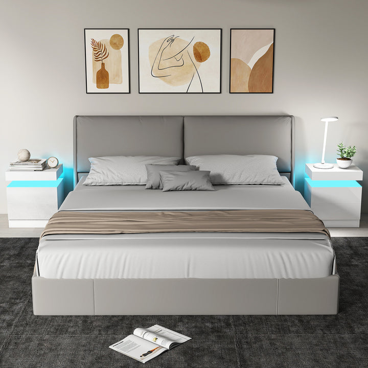 White Bedside Table with LED Light, High Gloss Front Nightstand with 2