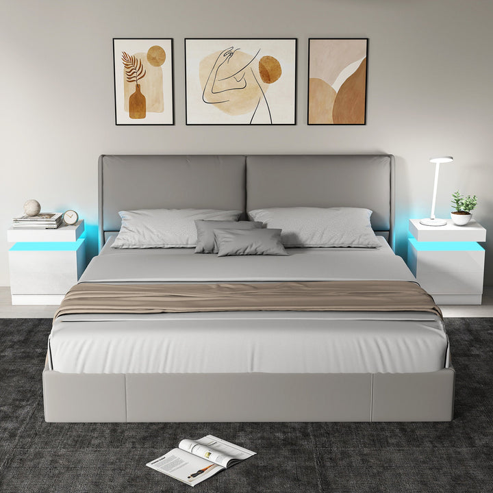 Bedside Table with LED Light, High Gloss Front Nightstand with 2 Drawers, for Living Room, Bedroom, Set of 2