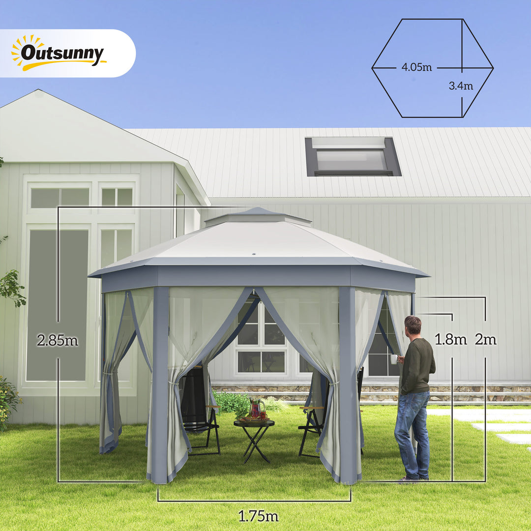 MCL 3 x 4m Metal Frame Hexagon Gazebo, with Curtains - Grey