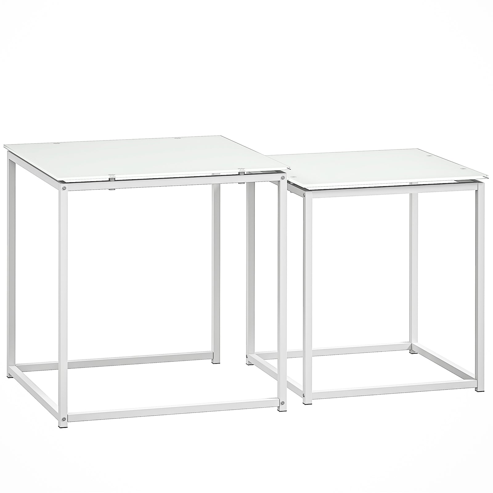 Nest of Tables, Set of 2 Coffee Table, Side Tables with Tempered Glass Desktop and Metal Frame for Living Room, Bedroom, Office, White