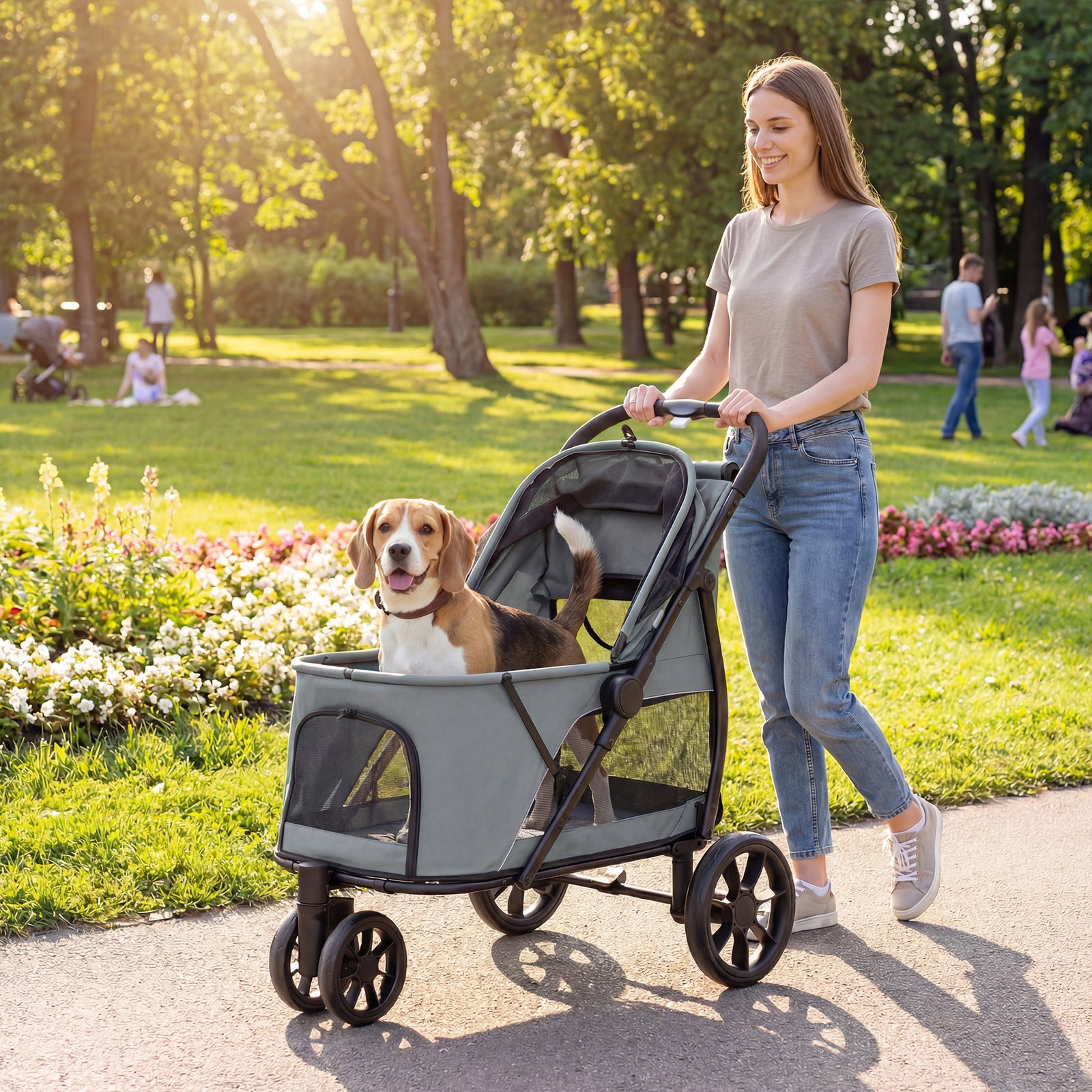 Dog Stroller, 3 Wheels Pet Stroller with Dual Entry, Easy One-Click Qu