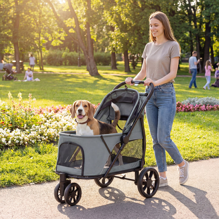 Dog Stroller, 3 Wheels Pet Stroller with Dual Entry, Easy One-Click Qu