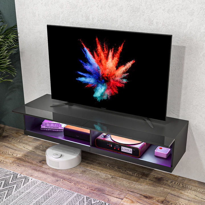Floating TV Unit, Wall Mounted TV Cabinet for TVs up to 65", High Gloss Media Wall Unit with LED Lights, Storage Shelves for Living Entertainment Room, Black