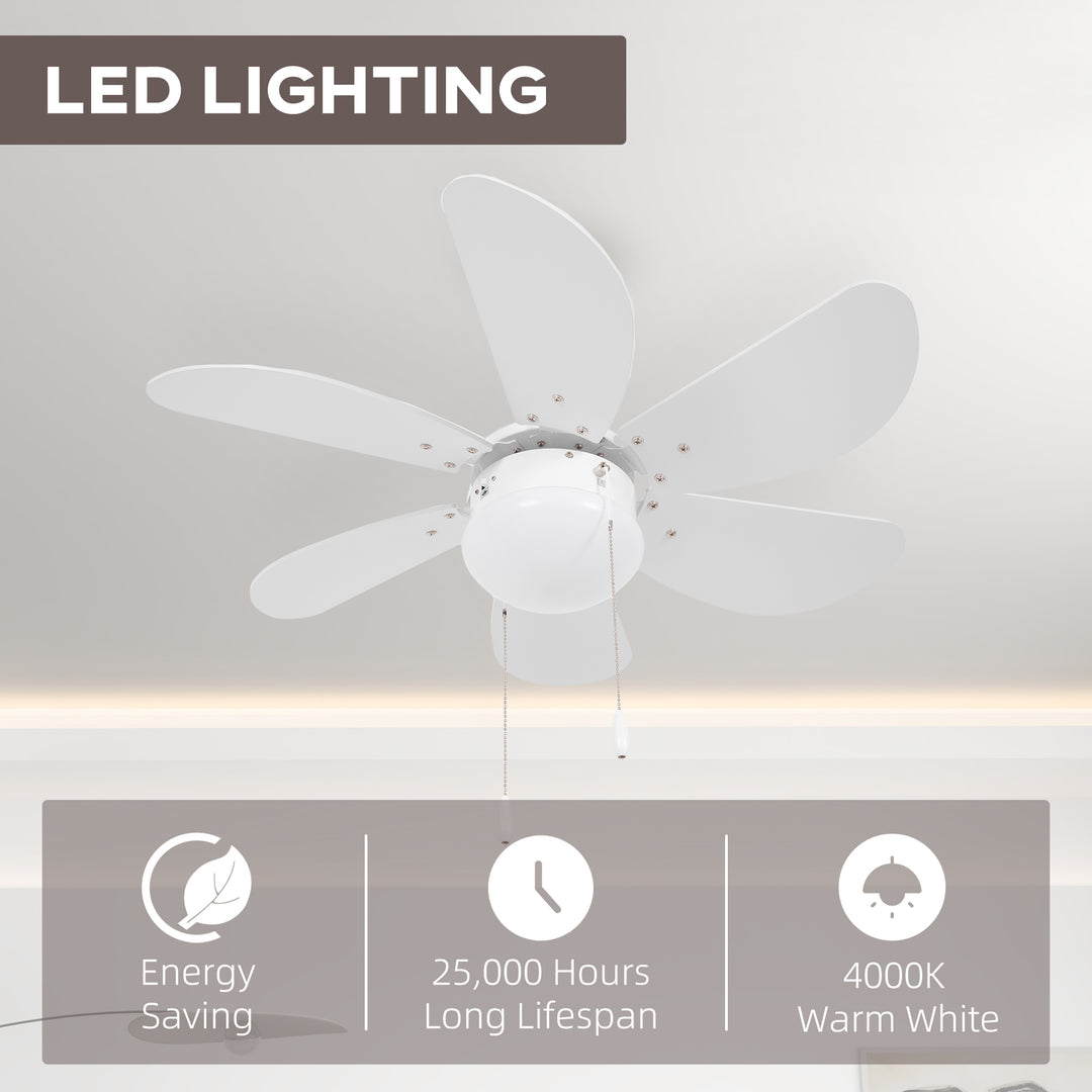 Ceiling Fan with LED Light, Flush Mount Ceiling Fan Lights with 6 Reversible Blades, Pull-chain Switch, White