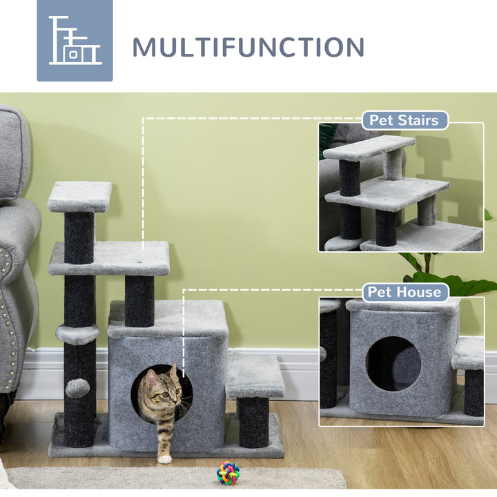 Adjustable Cat Steps, with House & Hanging Toy Ball - Grey