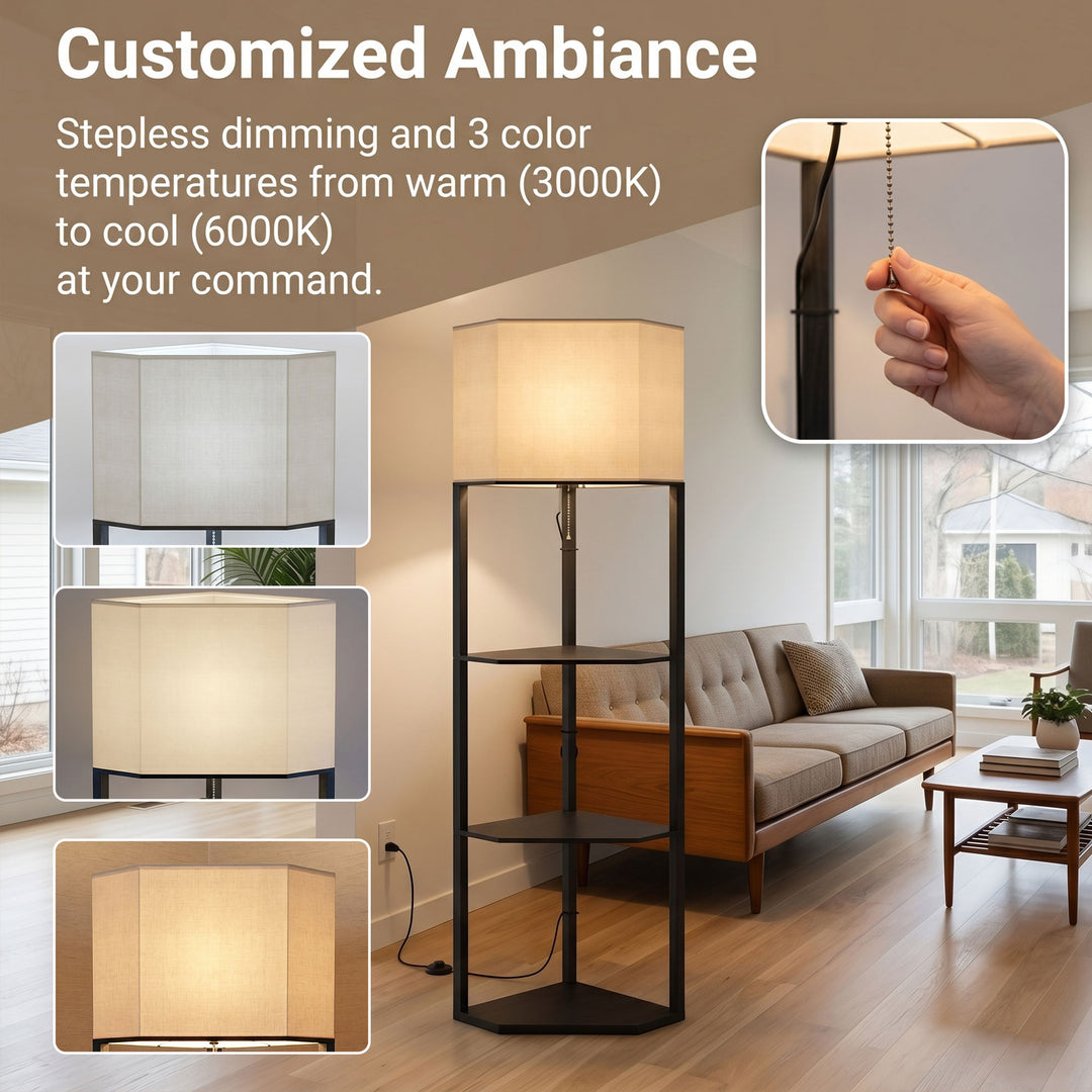 Corner Floor Lamp with Shelves and Lights, Modern Dimmable Standing La