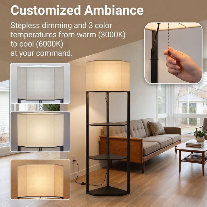 Corner Floor Lamp with Shelves and Lights, Modern Dimmable Standing La
