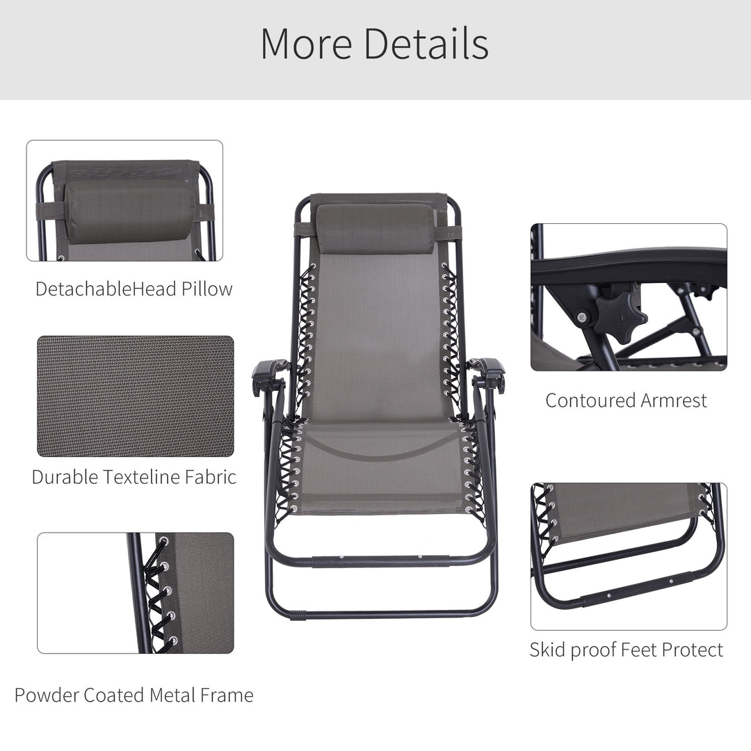 Zero Gravity Chair Metal Frame Texteline Armchair Outdoor Folding and Reclining Sun Lounger with Head Pillow for Patio Decking Gardens Camping, Grey