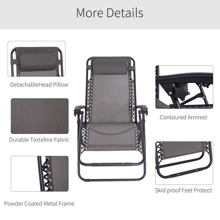 Zero Gravity Chair Metal Frame Texteline Armchair Outdoor Folding and Reclining Sun Lounger with Head Pillow for Patio Decking Gardens Camping, Grey