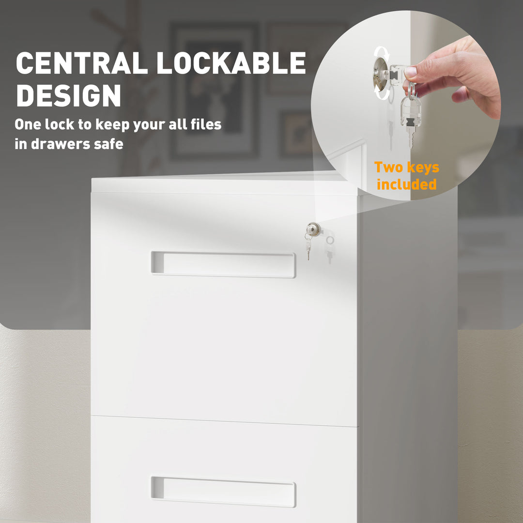 MCL Metal Mobile File Cabinet with Wheels, Lockable 2 Drawer Filing Cabinet for A4, Legal, Letter, Compact Under Desk Storage Unit with Pre-Assembled Body for Home Office, 39 x 48 x 67cm, White