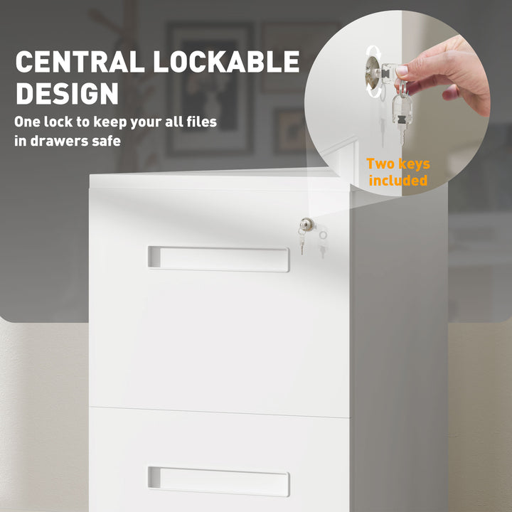 Metal Mobile File Cabinet with Wheels, Lockable 2 Drawer Filing Cabinet for A4, Legal, Letter, Compact Under Desk Storage Unit with Pre-Assembled Body for Home Office, 39 x 48 x 67cm, White