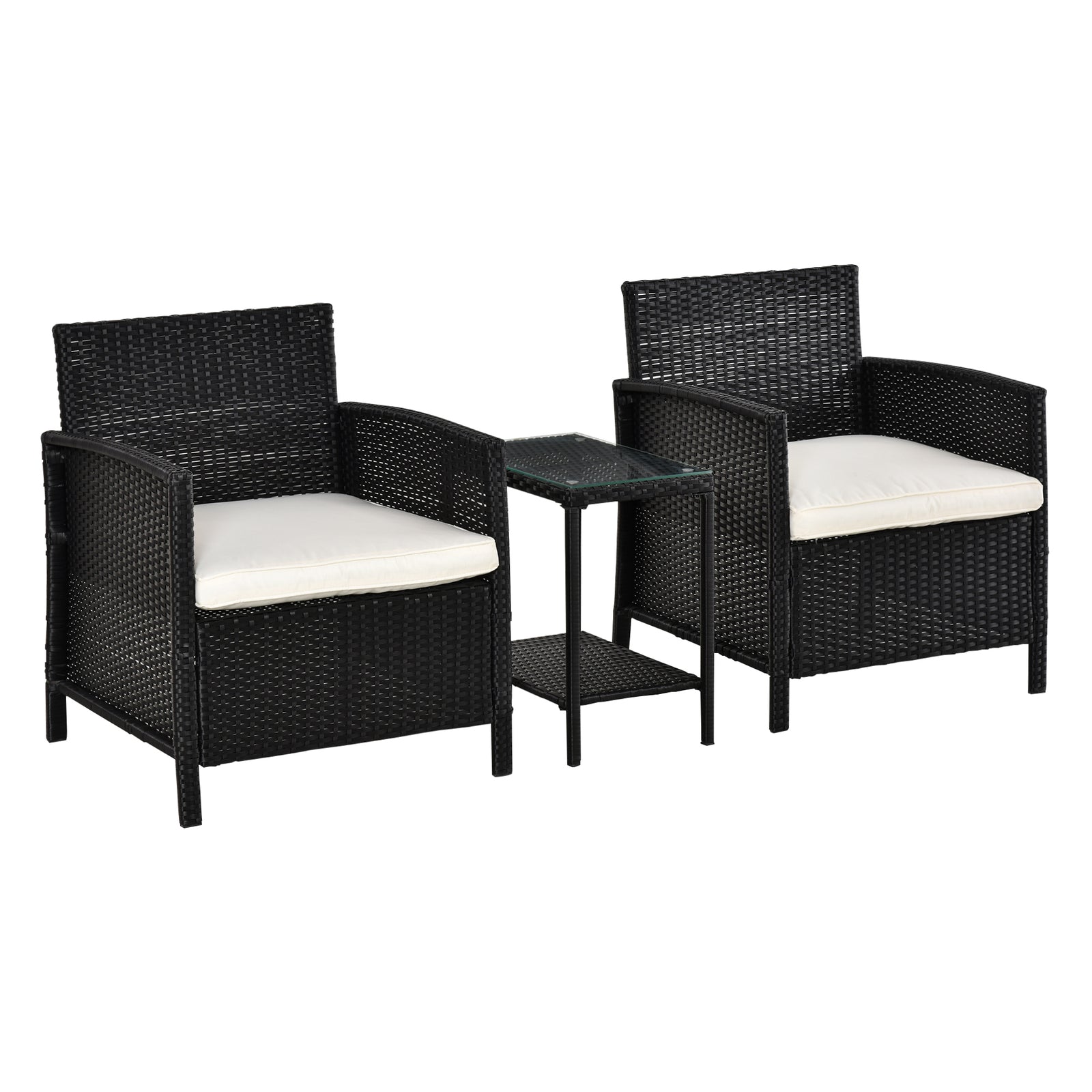2-Seater PE Rattan Side Table & Armchair Bistro Set Jack and Jill Seat w/ Pillows Black
