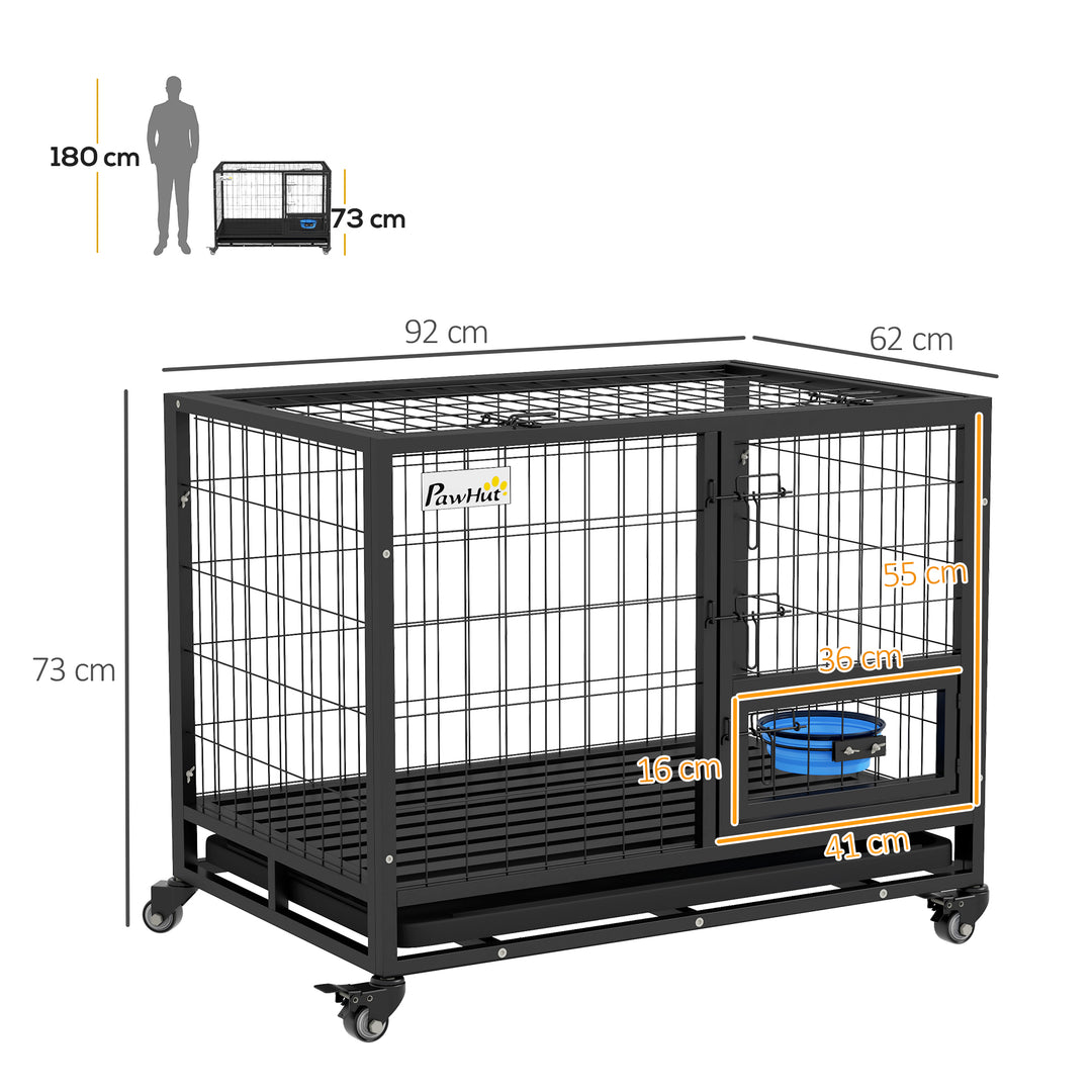 Heavy Duty Dog Crate on Wheels w/ Bowl Holder, Removable Tray, Openable Top, Detachable Door, for M, L Dogs