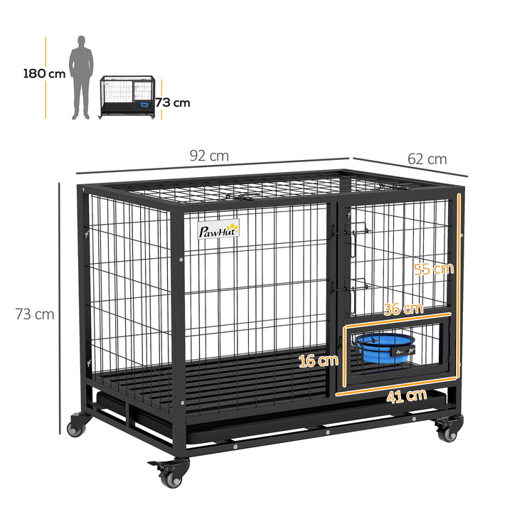 Heavy Duty Dog Crate on Wheels w/ Bowl Holder, Removable Tray, Openable Top, Detachable Door, for M, L Dogs