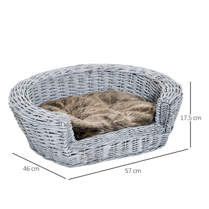 PawHut Willow Pet Sofa: Rattan Basket with Soft Cushion for Cats & Small Dogs, Durable Design, 57Lx46Wx17.5H cm, Grey | Aosom UK