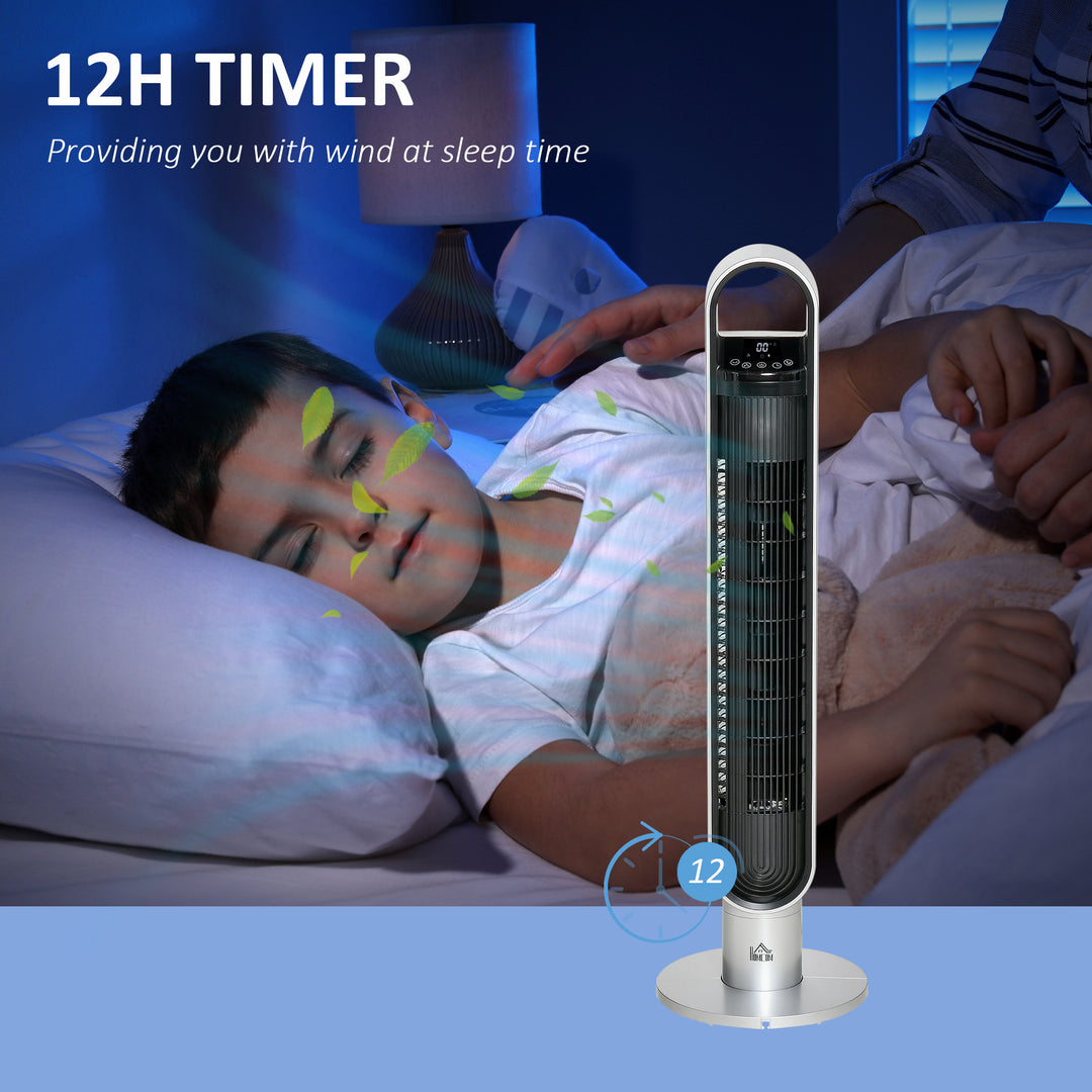 HOMCOM Oscillating Tower Fan for Bedroom with Anion, 3 Speed, 12h Timer, LED Sensor Panel, Remote Controller, 39", Silver