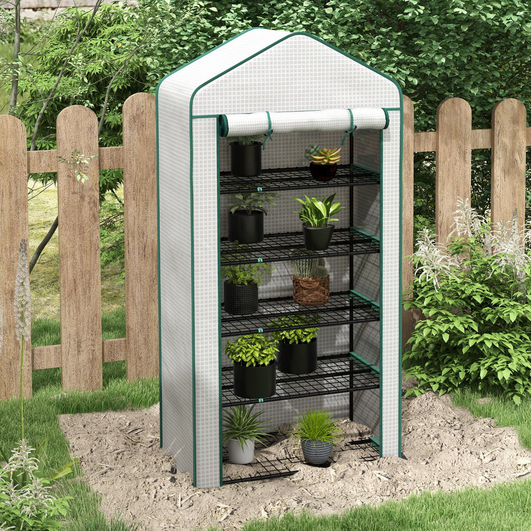 Outsunny 5 Tier Widened Mini Greenhouse w/ Reinforced PE Cover, Portable Green House w/ Roll-up Door & Wire Shelves, 193H x 90W x 49Dcm, White