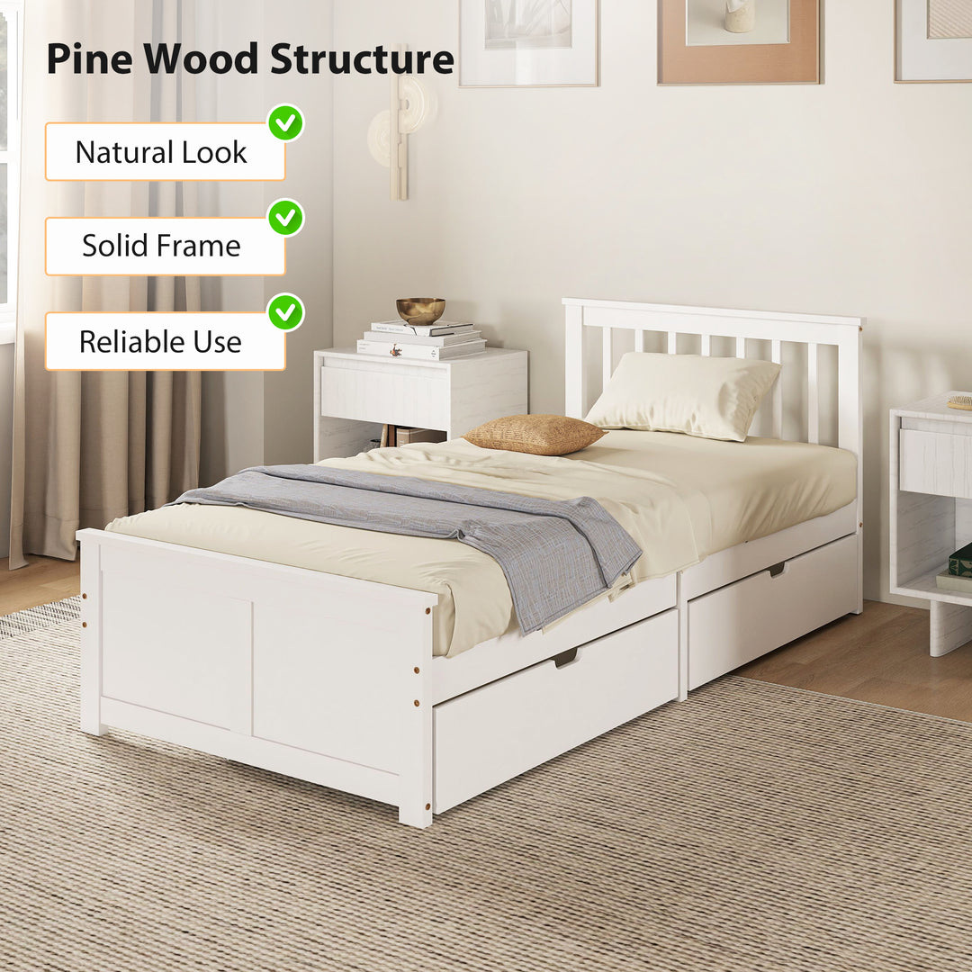 Wooden Single Bed Frame, with Drawers - White