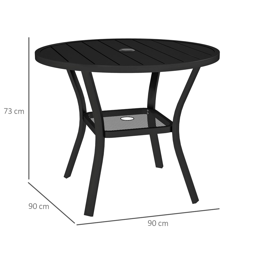 90 cm Garden Dining Table with 4-5 cm Parasol Hole, Round Outdoor Dining Table, Steel Garden Table with Slatted Metal Top and Wire Shelf for Balcony, Porch, Black