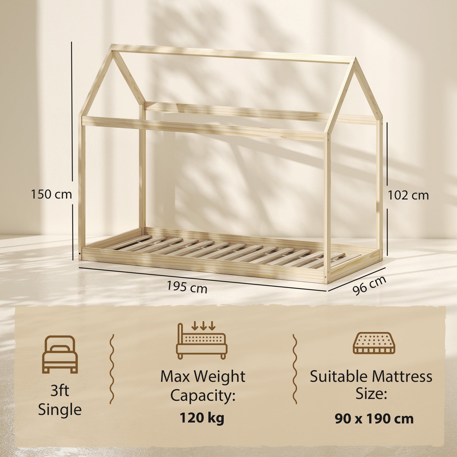 Single Bed Frame, House Scandinavian Wooden Bed Frame for 90W x 190Dcm