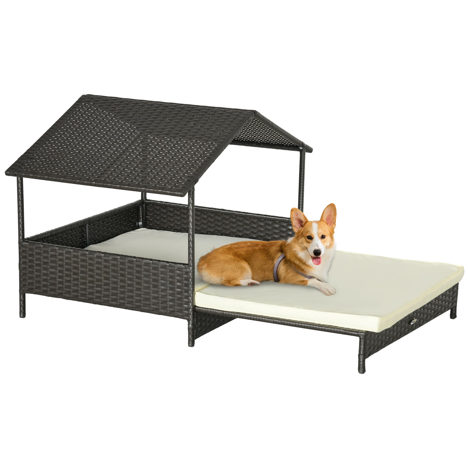Extendable Elevated Dog Bed, Rattan Dog House, with Water-Resistant Roof, Removable Cushion, Cream