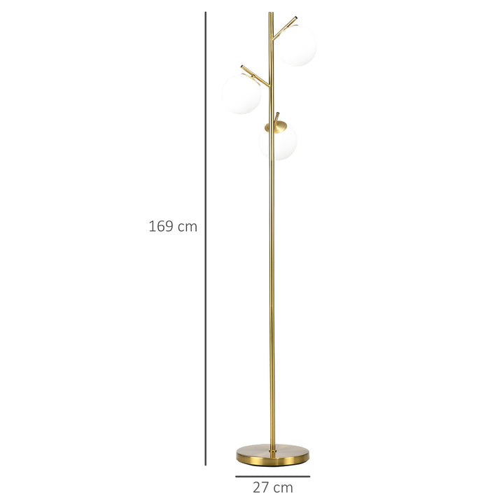 3-Light Tree Floor Lamps for Living Room, Modern Standing Lamp for Bedroom with Globe Lampshade, Steel Base, Bulb not Included, Gold Tone