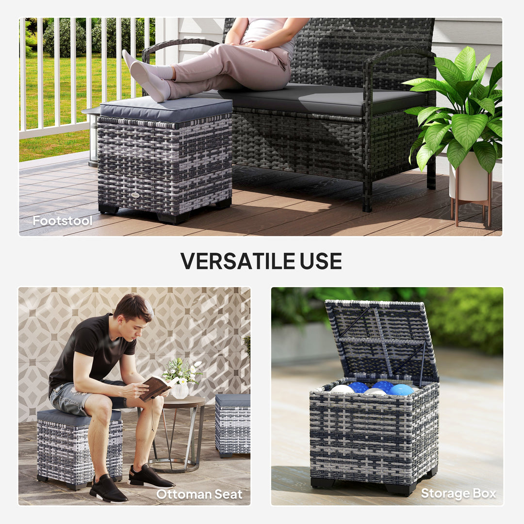 Set of 2 Rattan Storage Ottoman, Outdoor Footstool with Removable Cushions, Garden Storage Seat for Balcony, Poolside, Living Room, Dark Grey