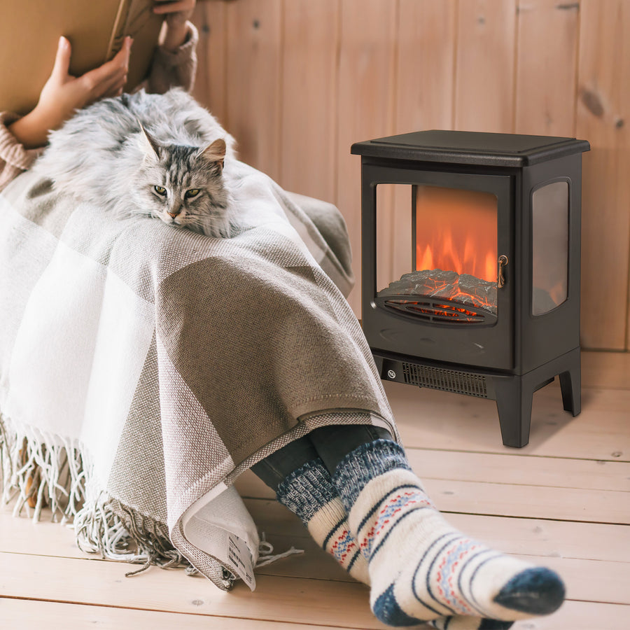 900W/1800W Freestanding Electric Fireplace Room Heater w/ Adjustable Artificial Flame Tempered Glass Safe Home Warmth Retro Faux Fire