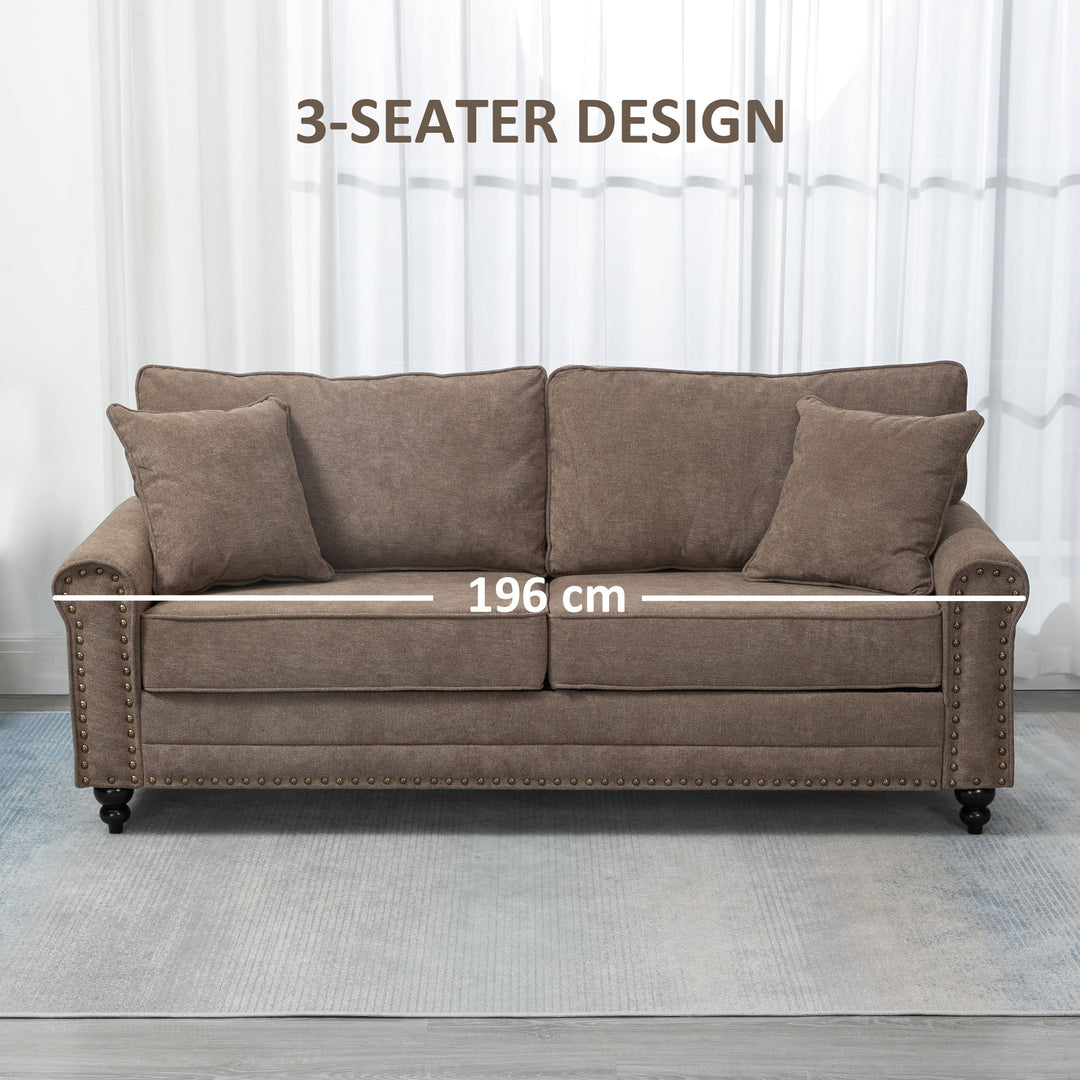 3 Seater Sofa, Fabric Couch with Rubber Wood Legs, 3 Seater Settee with Extra Padded Cushions and Pillows for Living Room, 196W x 80.5D x 89H cm, Brown